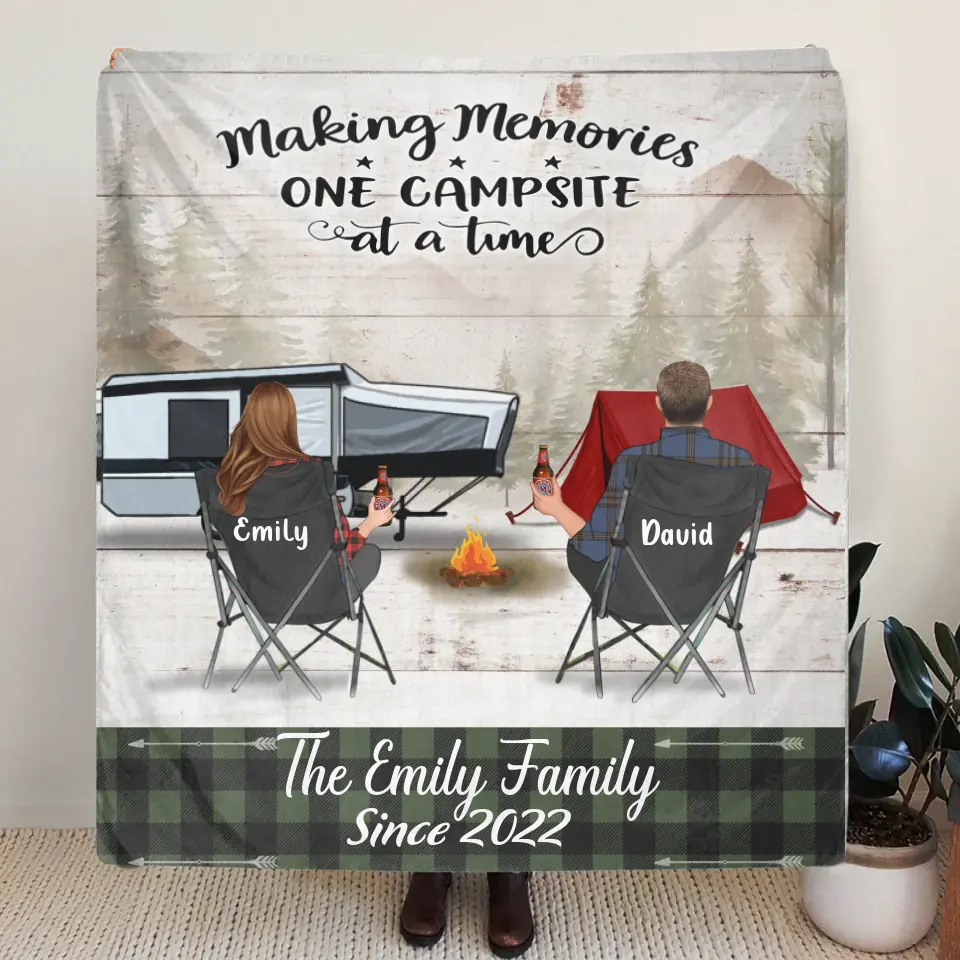 Custom Camping Quilt/Single Layer Fleece Blanket - Gift Idea For Couple, Camping Lovers, Family - Up to 3 Kids, 3 Pets - Making Memories One Campsite At A Time