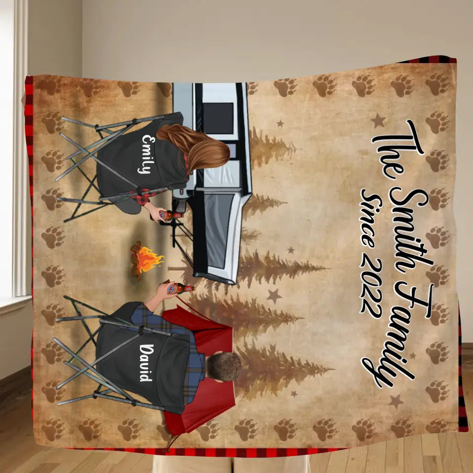 Custom Camping Quilt/Fleece Throw Blanket - Gift Idea For Couple, Camping Lovers, Family - Up to 3 Kids, 3 Pets