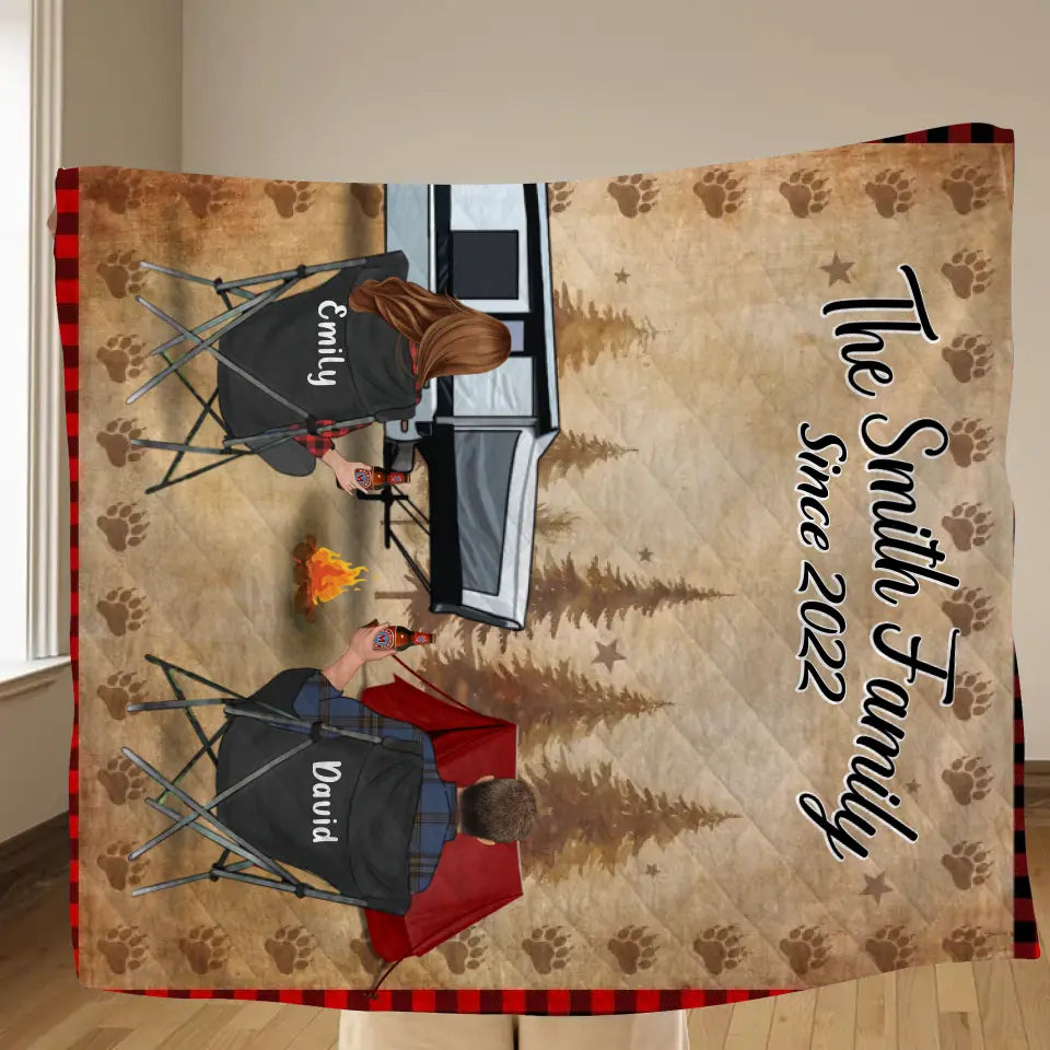 Custom Camping Quilt/Fleece Throw Blanket - Gift Idea For Couple, Camping Lovers, Family - Up to 3 Kids, 3 Pets