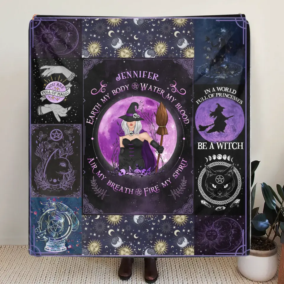 Personalized Witch Quilt/Fleece Throw Blanket - Halloween Gift Idea For Witch Lovers - Earth My Body Water My Blood Air My Breath Fire My Spirit