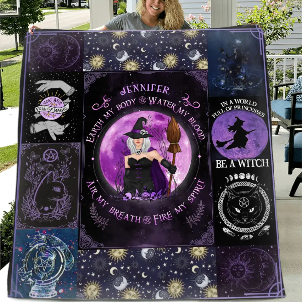 Personalized Witch Quilt/Fleece Throw Blanket - Halloween Gift Idea For Witch Lovers - Earth My Body Water My Blood Air My Breath Fire My Spirit