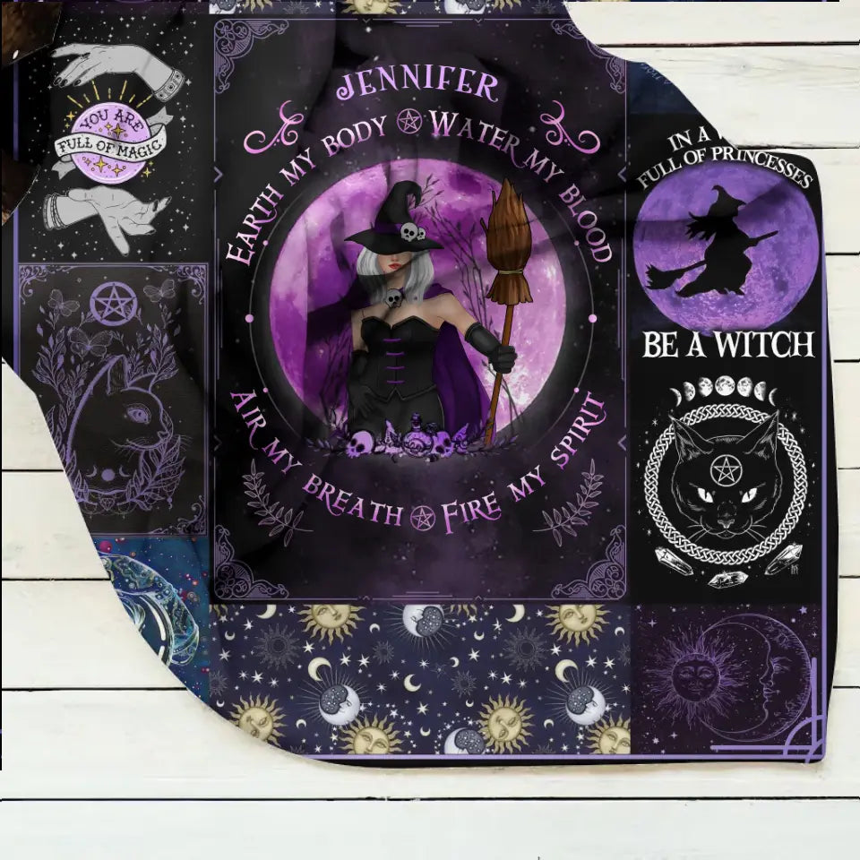 Personalized Witch Quilt/Fleece Throw Blanket - Halloween Gift Idea For Witch Lovers - Earth My Body Water My Blood Air My Breath Fire My Spirit