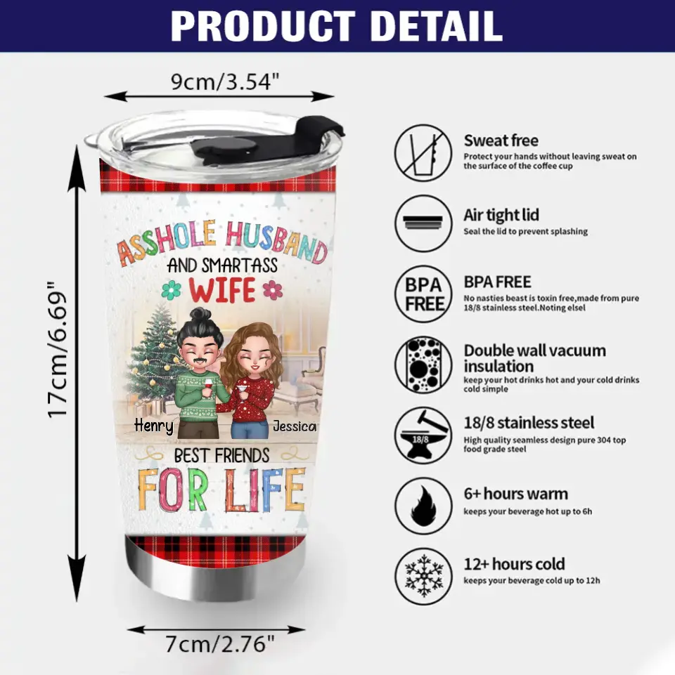 Personalized Couple Tumbler - Anniversary/Wedding/Christmas Gift Idea for Couple - Asshole Husband And Smartass Wife Best Friends For Life