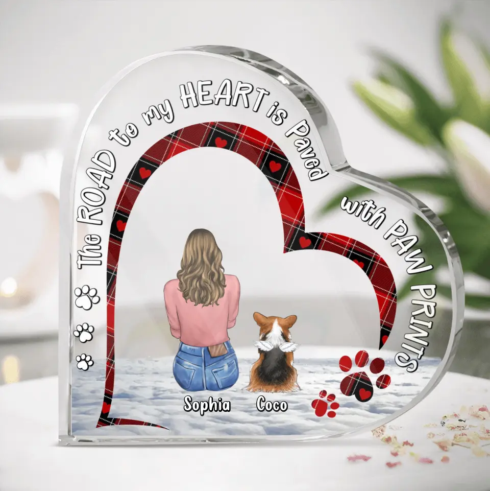 Personalized Memorial Pet Crystal Heart- Adult/Couple With Up to 2 Kids And 4 Pets - Gift Idea For Dog/Cat/Rabbits Owners - The Road To My Heart Is Paved With Paw Prints