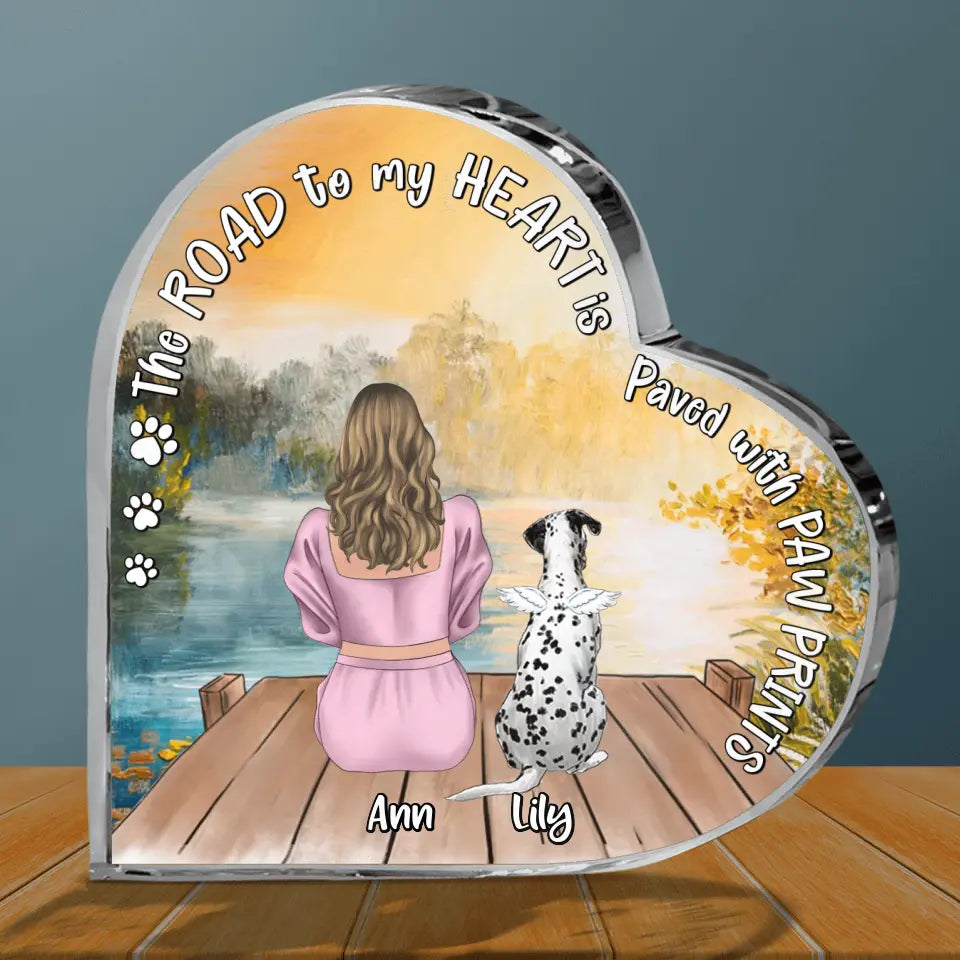 Personalized Pet Mom Crystal Heart - Up to 4 Dogs/Cats - Memorial Gift Idea for Dog/Cat Owners - The Road To My Heart Is Paved With Paw Prints