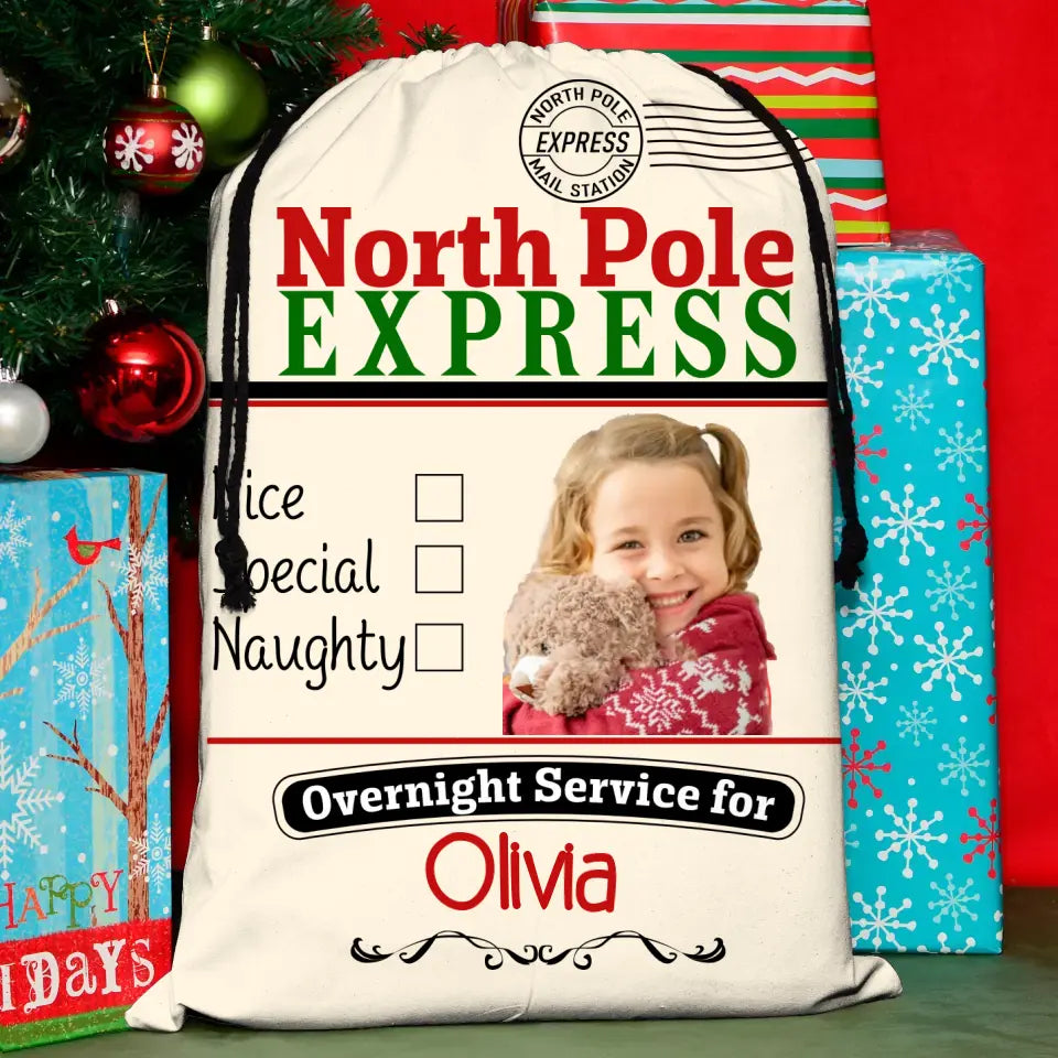 Personalized Kid Santa Sack - Gift Idea For Christmas/Kid - Upload Photo - North Pole Express Nice Special Naughty
