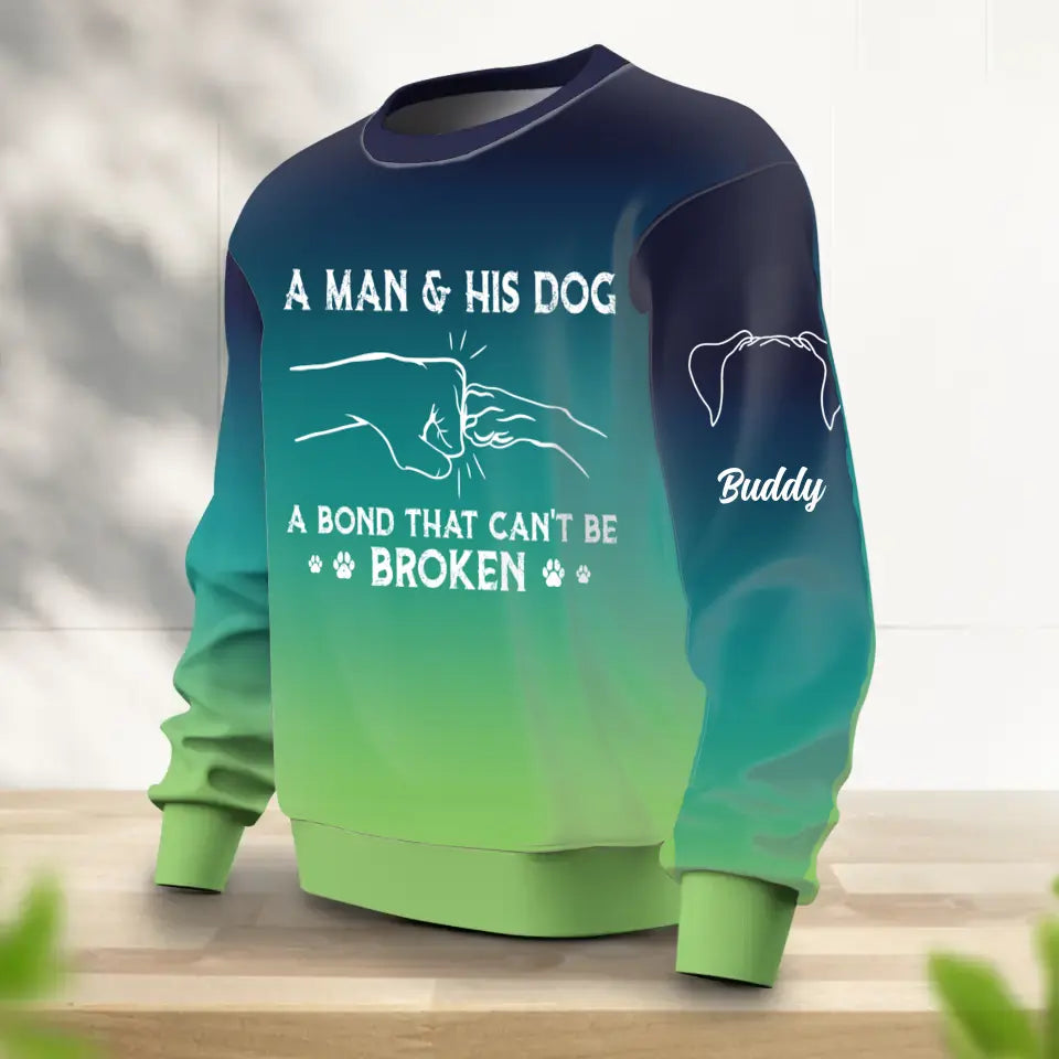 Personalized Dog Dad Blue and Green Ombre Sweater - Up to 3 Dogs - Christmas Gift for Dog Lovers - A Man & His Dog A Bond That Can't Be Broken