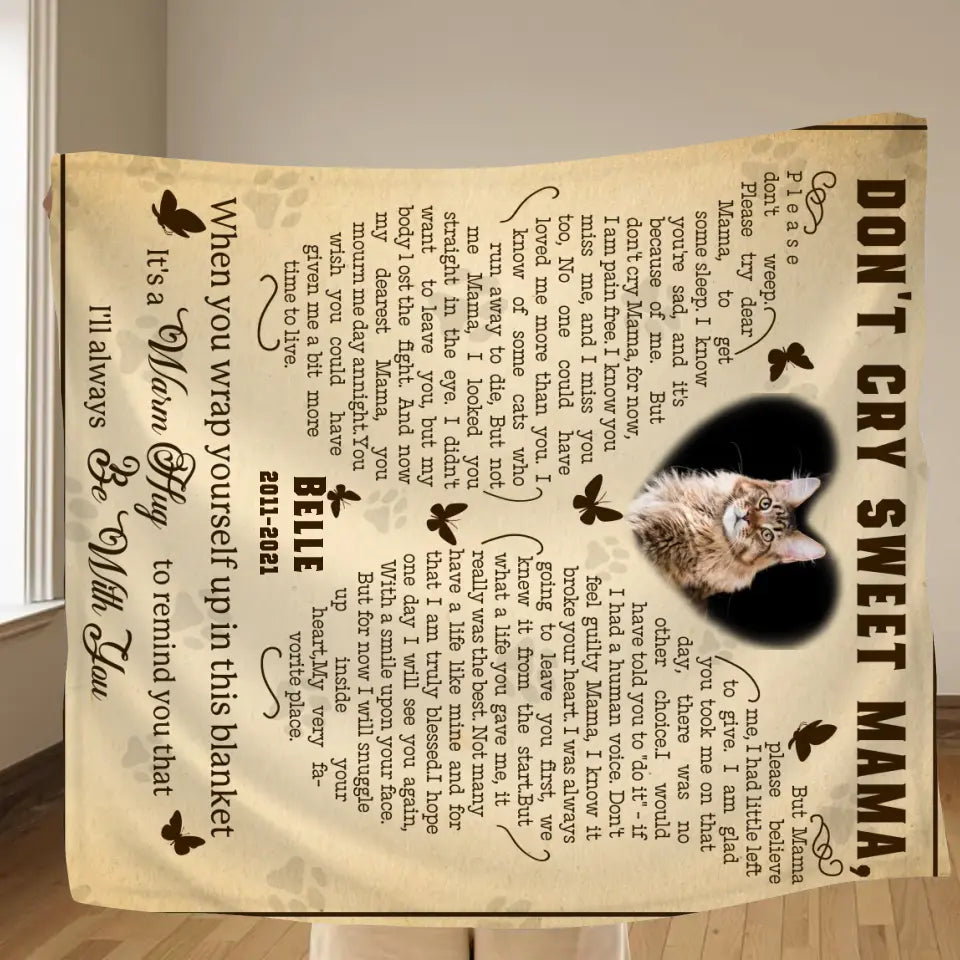 Personalized Memorial Fleece Throw Blanket & Quilt - Memorial Gift Idea For Pet Lover - Upload Photo - Don't Cry Sweet Mama
