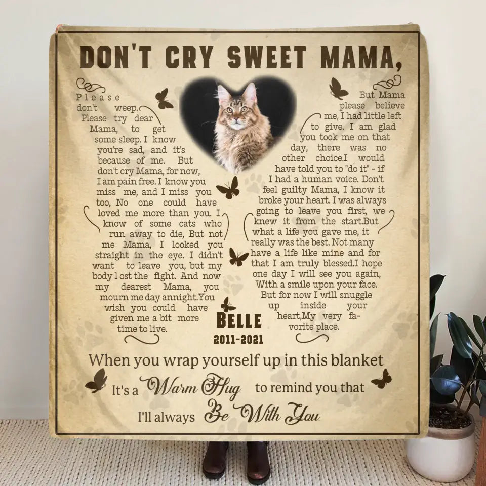 Personalized Memorial Fleece Throw Blanket & Quilt - Memorial Gift Idea For Pet Lover - Upload Photo - Don't Cry Sweet Mama