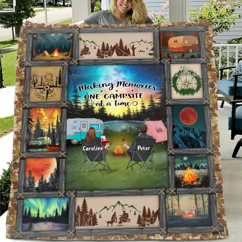 Personalized Camping Fleece Throw Blanket & Quilt - Gift Idea For Couple/Camping Lovers/Pet Lover - Making Memories One Campsite At A Time