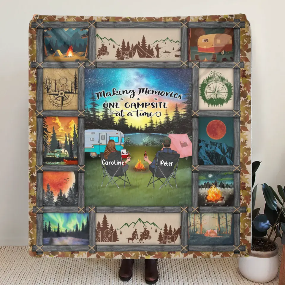 Personalized Camping Fleece Throw Blanket & Quilt - Gift Idea For Couple/Camping Lovers/Pet Lover - Making Memories One Campsite At A Time