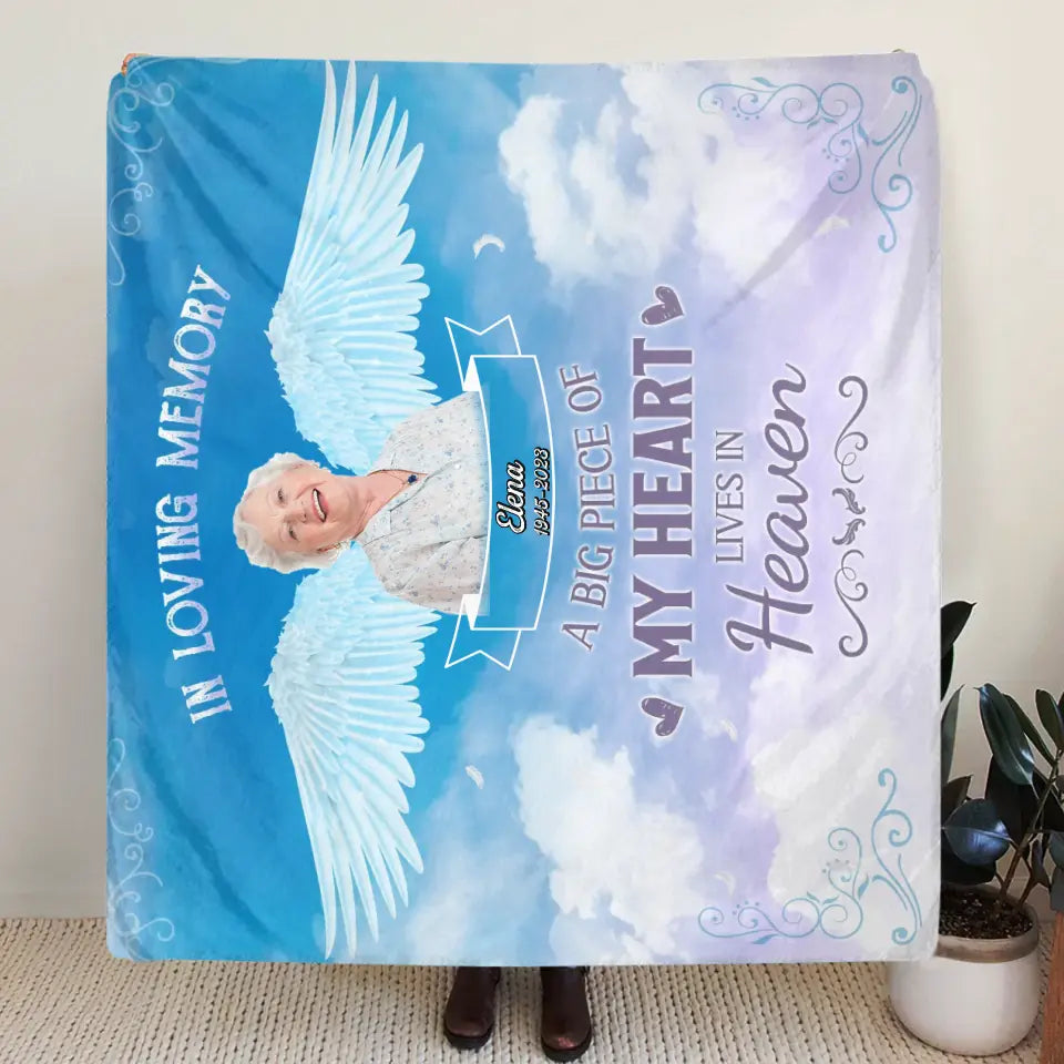 Personalized Memorial Photo Fleece Throw Blanket - Memorial Gift Idea For Family Member - A Big Piece Of My Heart Lives In Heaven