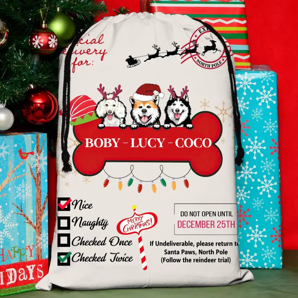 Personalized Dog Santa Sack - Gift Idea For Christmas/Dog Lovers - Up to 3 Dogs - Nice Naughty