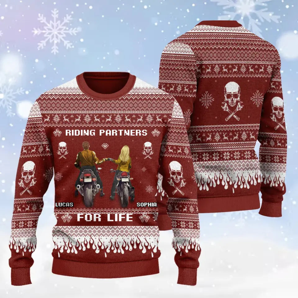 Personalized Motorcycle Couple AOP Sweater - Gift Idea For Couple/Motorbike Lovers - Riding Partners For Life