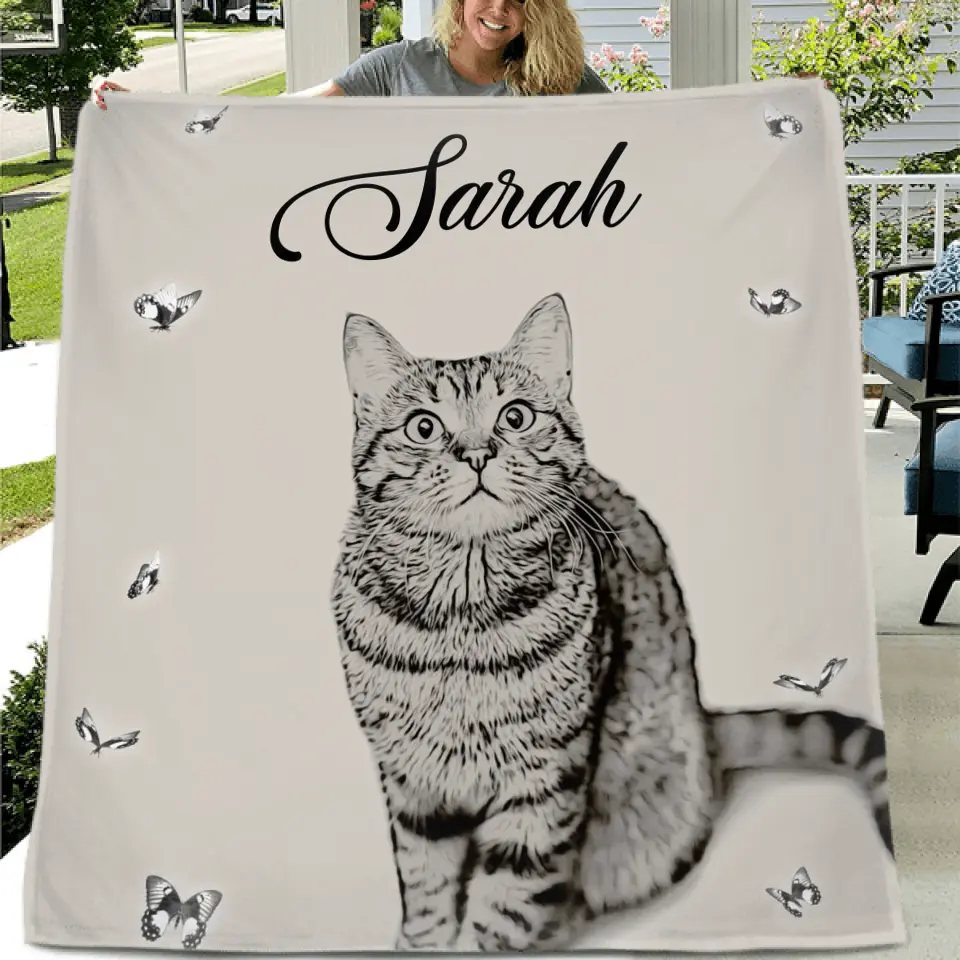 Personalized Pet Pen Art Portrait Fleece Throw Blanket - Upload Photo - Gift Idea For Dog/Cat Lover