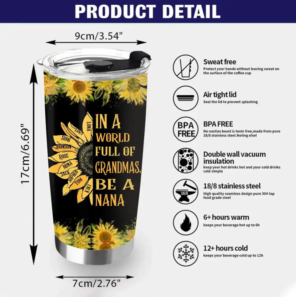Personalized Grandma Tumbler - Gift Idea For Grandma - Up to 10 Kids - In A World Full Of Grandmas, Be A Nana