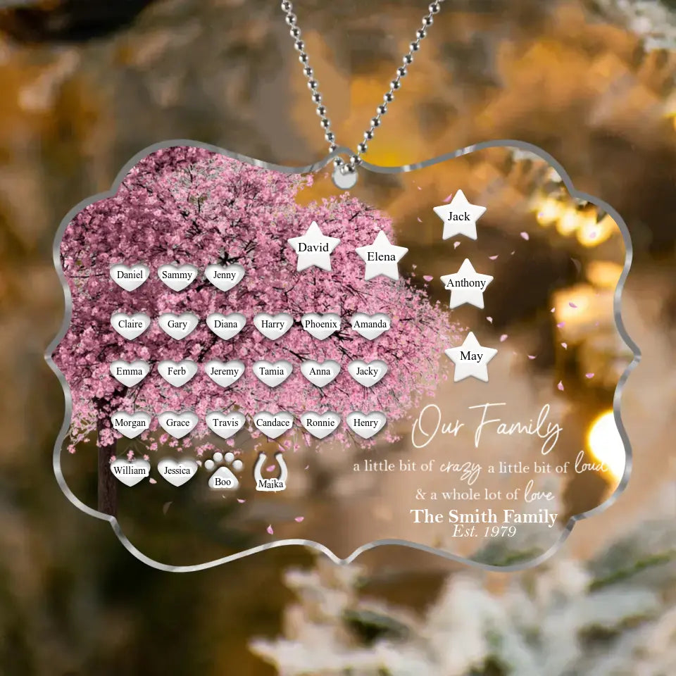 Personalized Family Tree Rectangle Acrylic Ornament - Up to 30 People/Pets - Gift Idea for Family - Our Family A Little Bit Of Crazy A Little Bit Loud & A Whole Lot Of Love