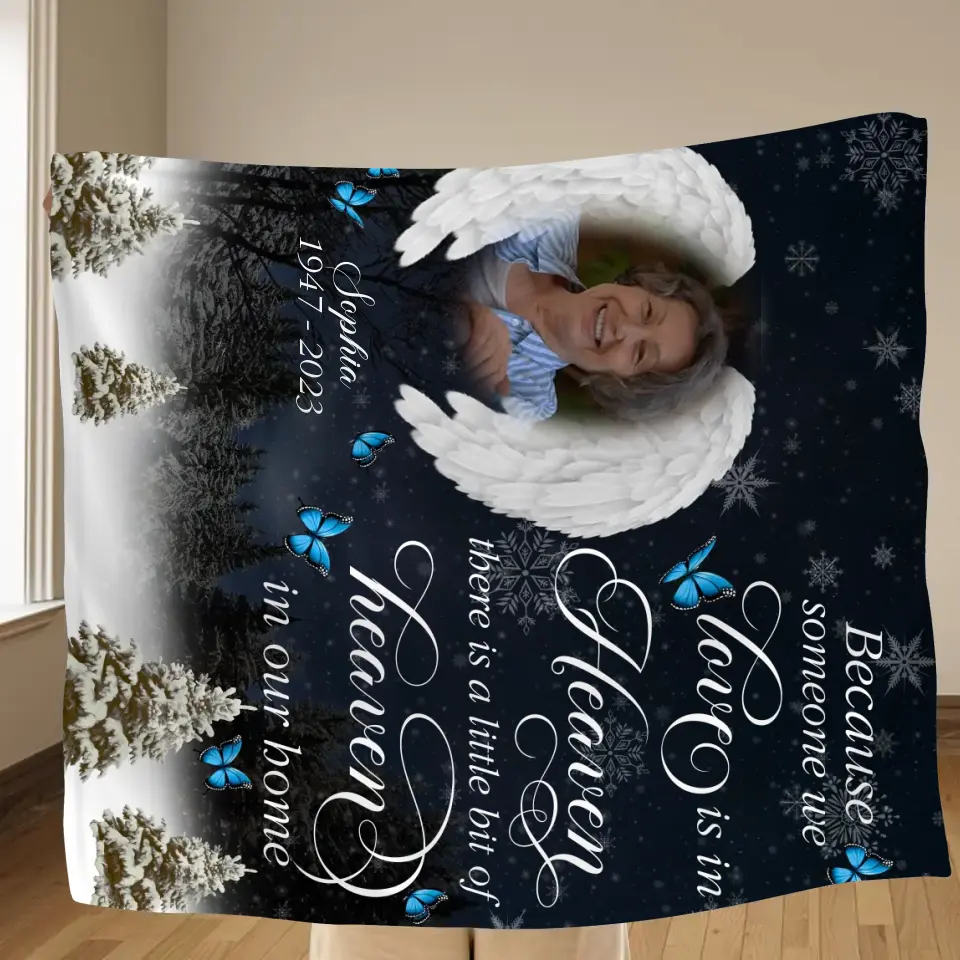 Personalized Memorial Fleece Throw Blanket & Quilt - Upload Photo - Memorial Gift Idea For Family Member - There Is A Little Bit Of Heaven In Our Home