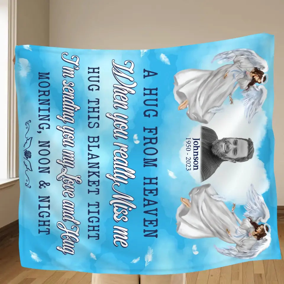 Personalized Memorial Fleece Throw Blanket & Quilt - Upload Photo - Memorial Gift Idea For Family Member - A Hug From Heaven