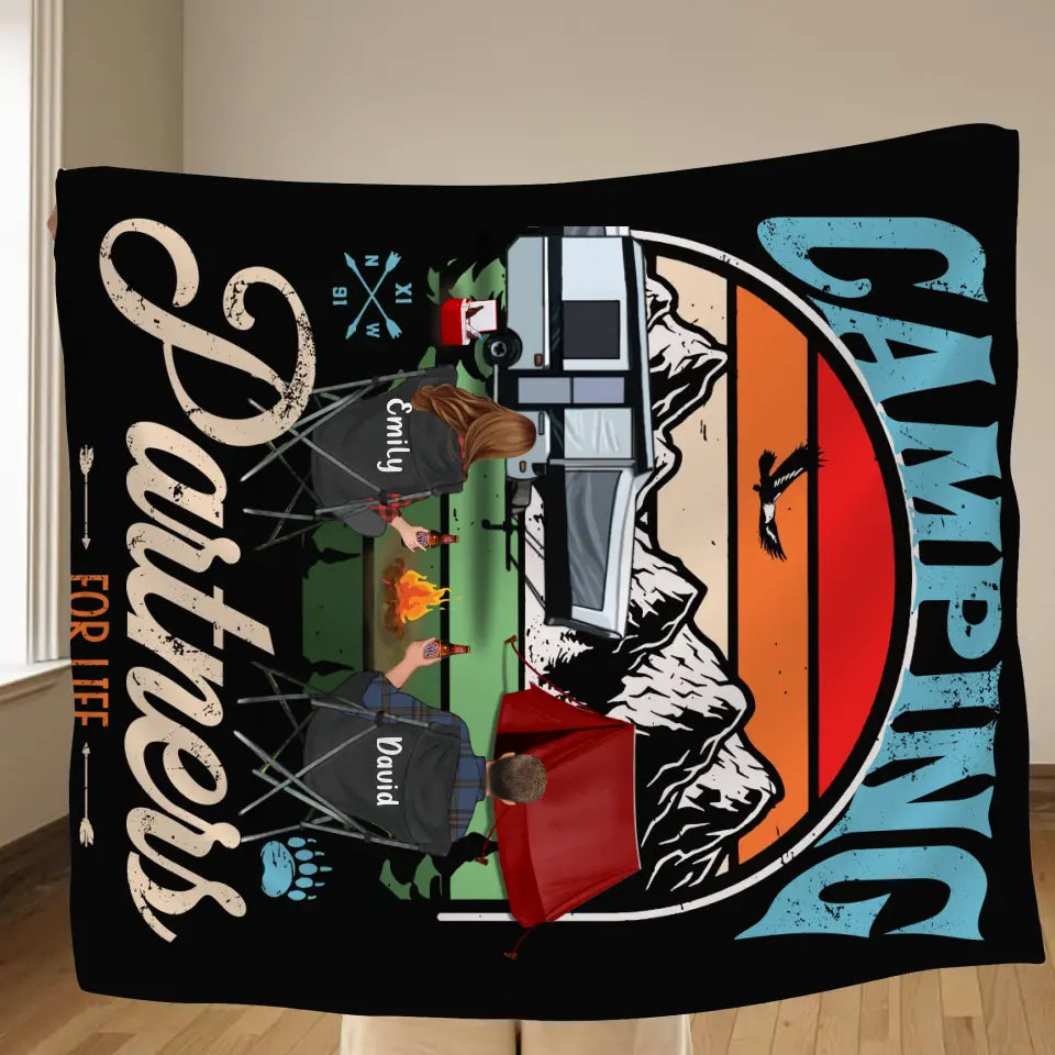 Personalized Camping Quilt/Fleece Throw Blanket - Gift Idea For Camping Lover - Up to 5 Kids 2 Pets - Camping Partners For Life