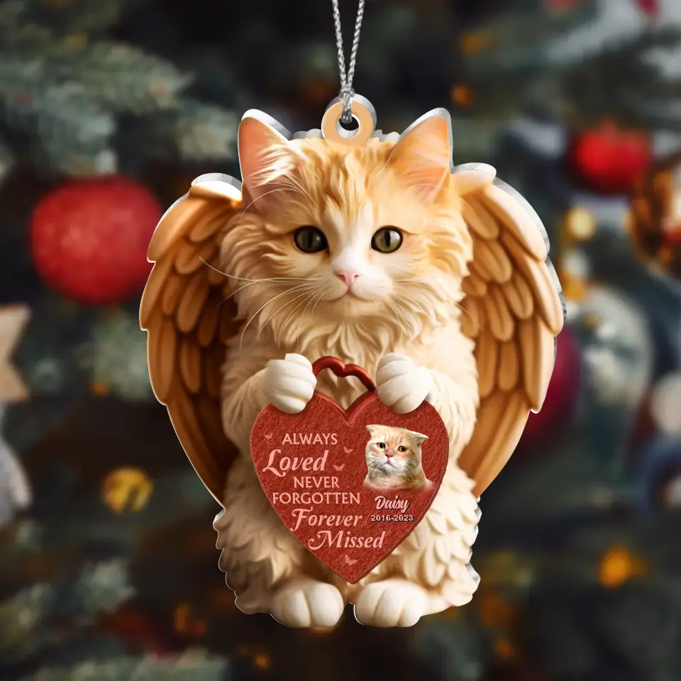 Personalized Angel Cute Cat Holding Heart Memorial Acrylic Ornament - Upload Photo - Memorial Gift Idea For Christmas/Cat Owner - Always Loved Never Forgotten Forever Missed