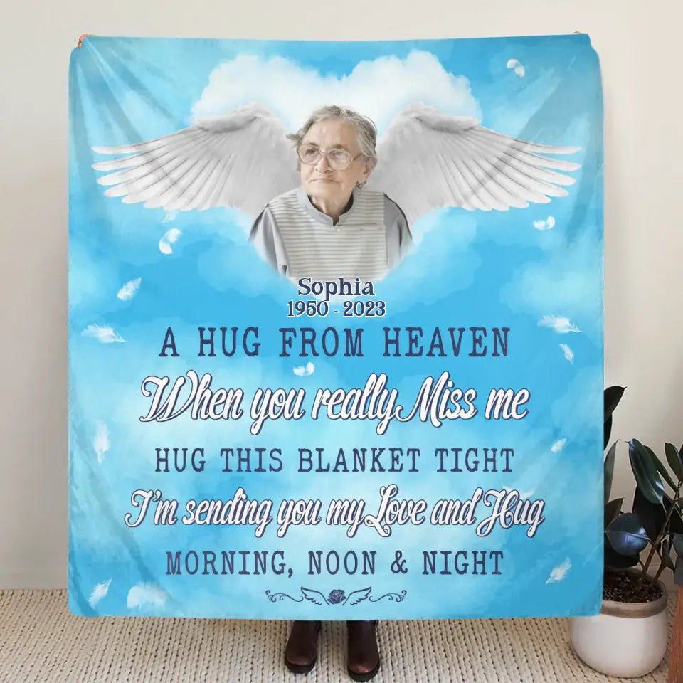 Personalized Memorial Quilt/Fleece Throw Blanket - Upload Photo - Memorial Gift Idea For Family Member - A Hug From Heaven