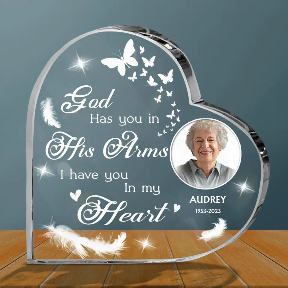 Personalized Memorial Acrylic Plaque - Upload Photo - Memorial Gift For Loss Of Family Member - God Has You In His Arms I Have You In My Heart