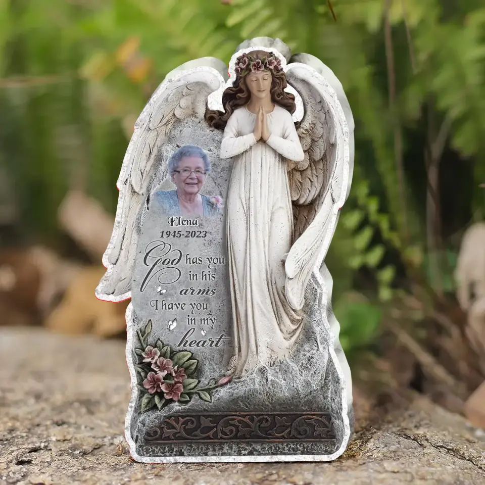 Personalized Praying Angel Memorial Acrylic Plaque - Upload Photo - Christmas Memorial Gift Idea For Family Member - God Has You In His Arms I Have You In My Heart