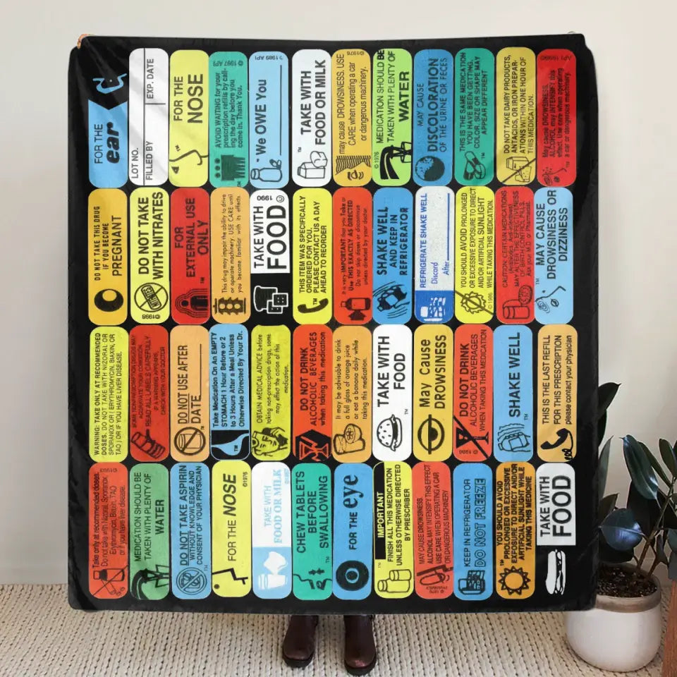 Personalized Pharmacy Labels Quilt/Fleece Throw Blanket - Gift Idea For Friends/Family Member/Pharmacist