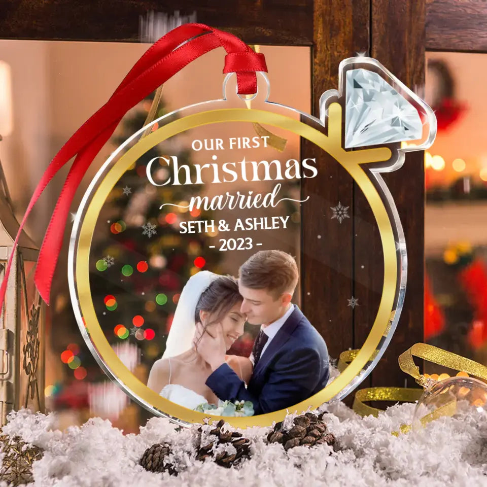 Personalized Couple Acrylic Ornament - Upload Photo - Christmas Gift For Couple - Our First Christmas Married