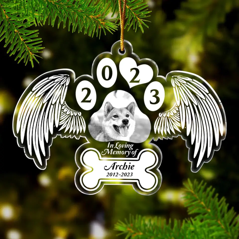 Personalized Memorial Dog With Angel Wings Acrylic Ornament - Upload Photo - Christmas/Memorial Gift Idea for Pet Owners - In Loving Memory Of Dog