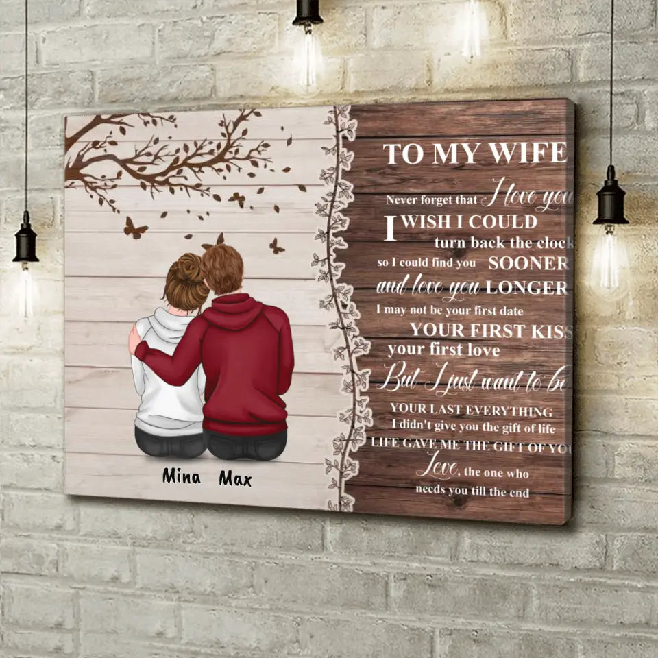 Personalized Half Wood Texture Couple Sitting Back View Canvas - Gift For Him/For Her - To My Wife Never Forget That I Love You