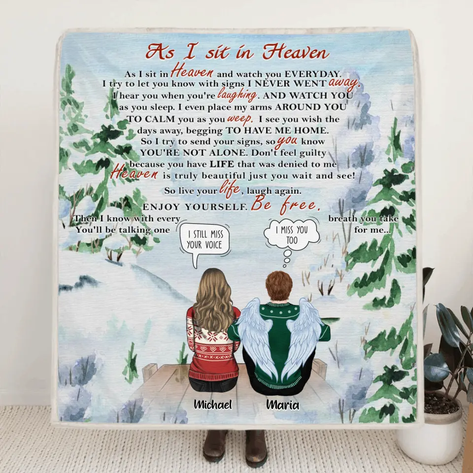 Personalized Memorial Blanket - Up to 4 People & 2 Pets - As I Sit In Heaven