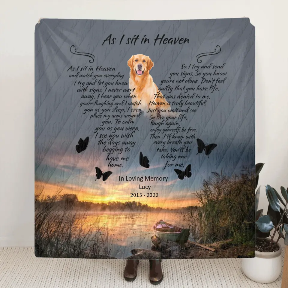 Personalized Dog Photo Memorial Fleece Throw Blanket/Quilt - Memorial Gift - As I Sit In Heaven