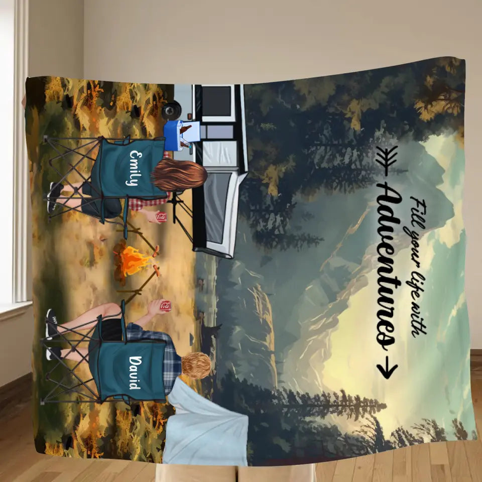 Personalized Yosemite Camping Quilt/Fleece Throw Blanket - Gift Idea For Couple, Camping Lovers, Family - Up to 5 Kids, 4 Pets - Fill Your Life With Adventures