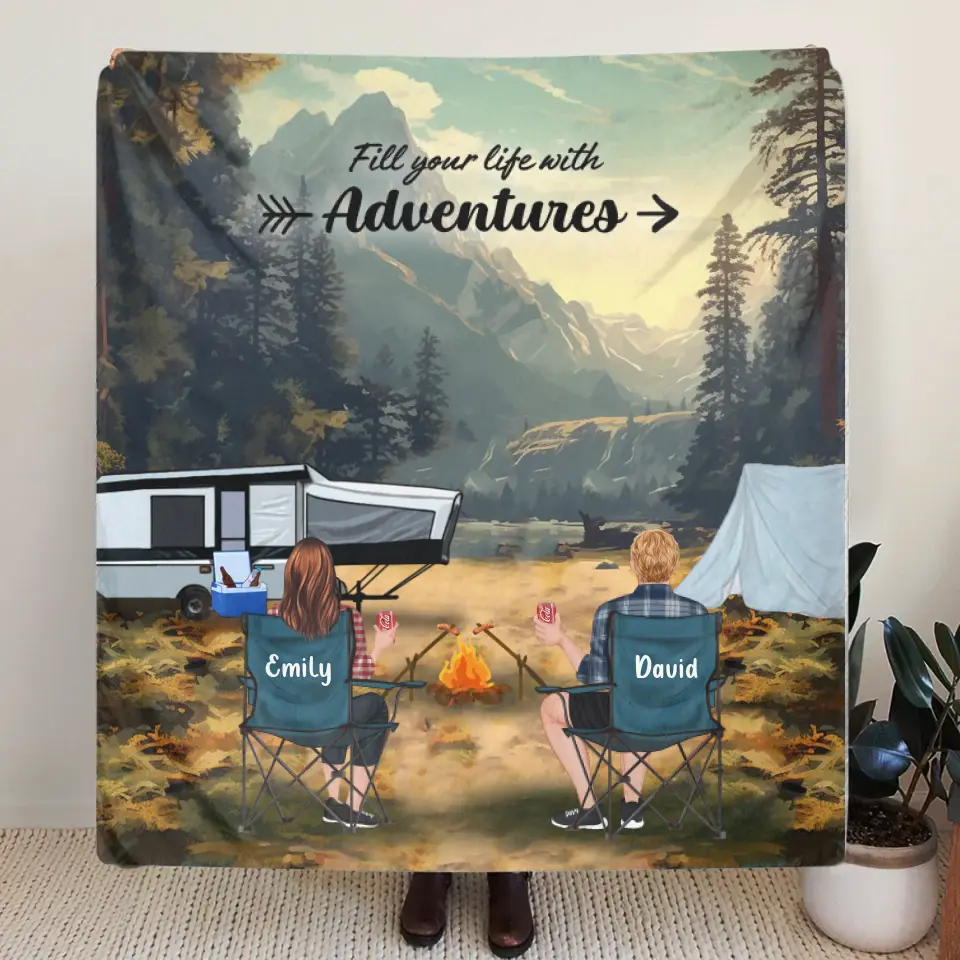 Personalized Yosemite Camping Quilt/Fleece Throw Blanket - Gift Idea For Couple, Camping Lovers, Family - Up to 5 Kids, 4 Pets - Fill Your Life With Adventures