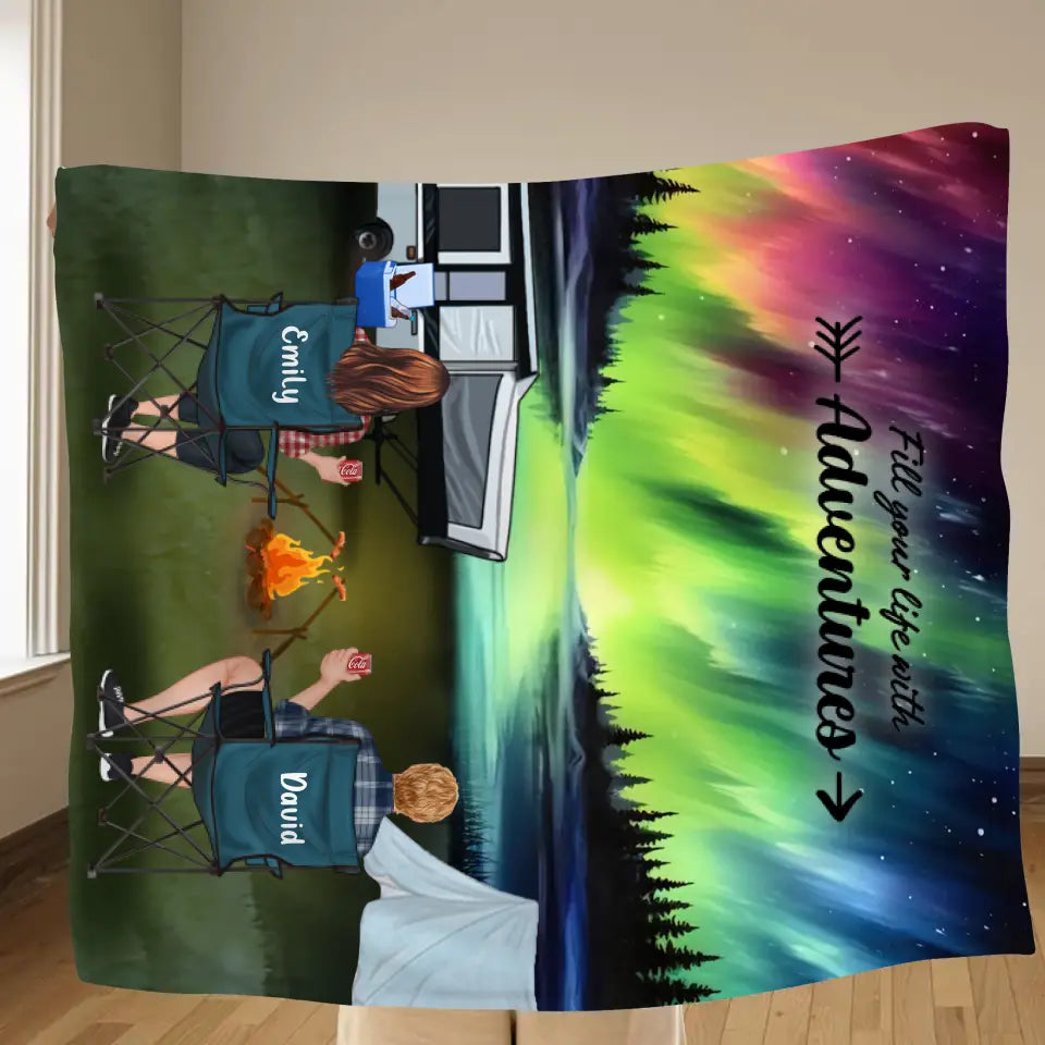 Personalized Northern Light Camping Quilt/Fleece Throw Blanket - Gift Idea For Couple, Camping Lovers, Family - Up to 5 Kids, 4 Pets - Fill Your Life With Adventures