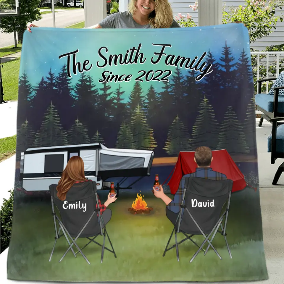Personalized Camping Quilt/Fleece Throw Blanket - Gift Idea For Couple, Camping Lovers, Family - Up to 3 Kids, 3 Pets - The Family