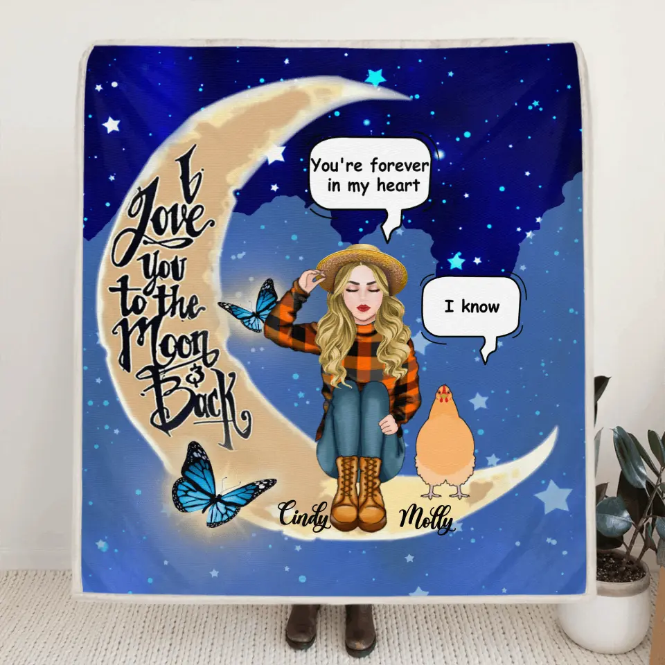 Personalized I Love You To The Moon & Back Chicken Lover Quilt/Fleece Blanket - Up to 5 Chickens