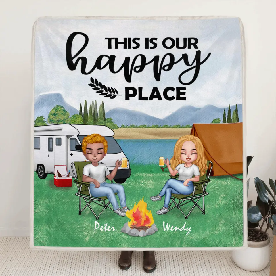 Personalized Camping Chibi Quilt/Fleece Blanket - Couple With Up to 3 Dogs - Gift Idea For Dog/Camping Lover/Couple - This is Our Happy Place