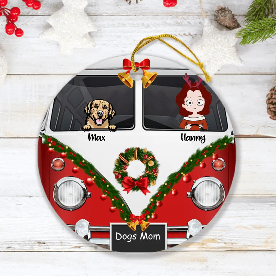 Personalized Dog Mom With Camping Van Ornament - Mom With Up to 4 Dogs - Christmas Gift For Dog Lover