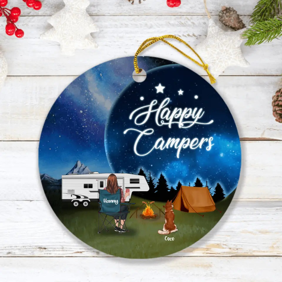 Personalized Camping Moon Ornament - Solo/Couple With Up to 4 Pets - Best Gift For Camping Lover - Happy Campers