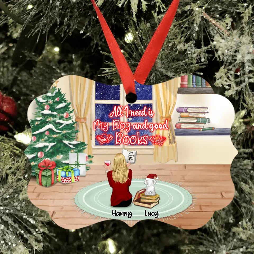 Personalized Christmas With Books And Pets Ornament - Up to 6 Pets - Best Gift For Dog/Cat Lover - All I Need Is My Dogs And Good Books