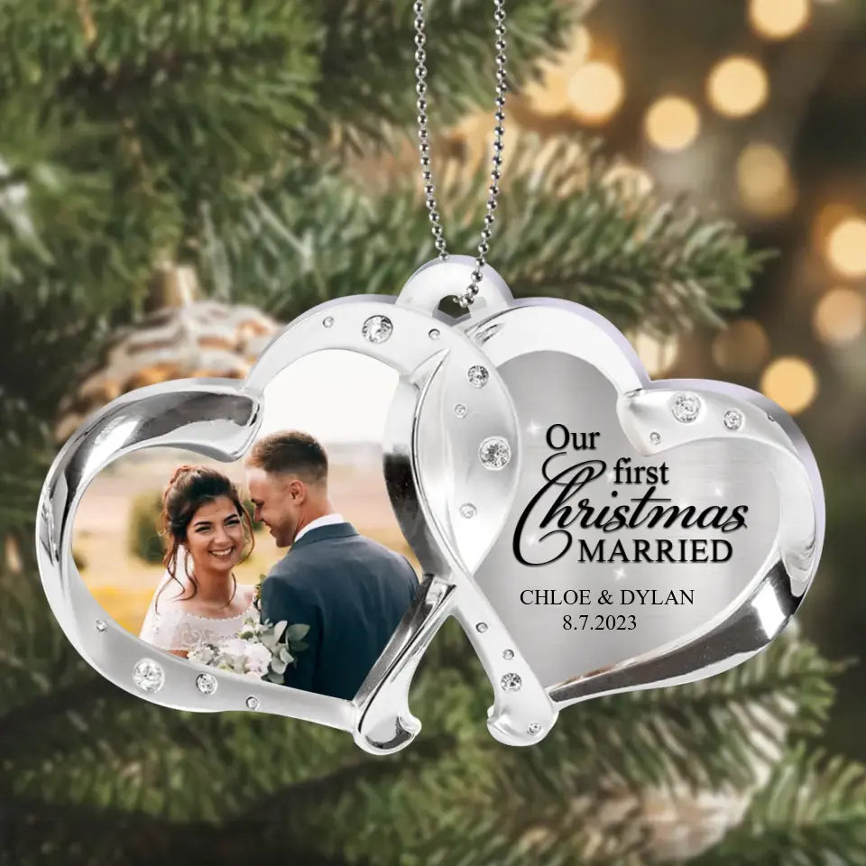Personalized Double Heart Couple Acrylic Ornament - Upload Photo - Christmas/Anniversary Gift For Couple - Our First Christmas Married