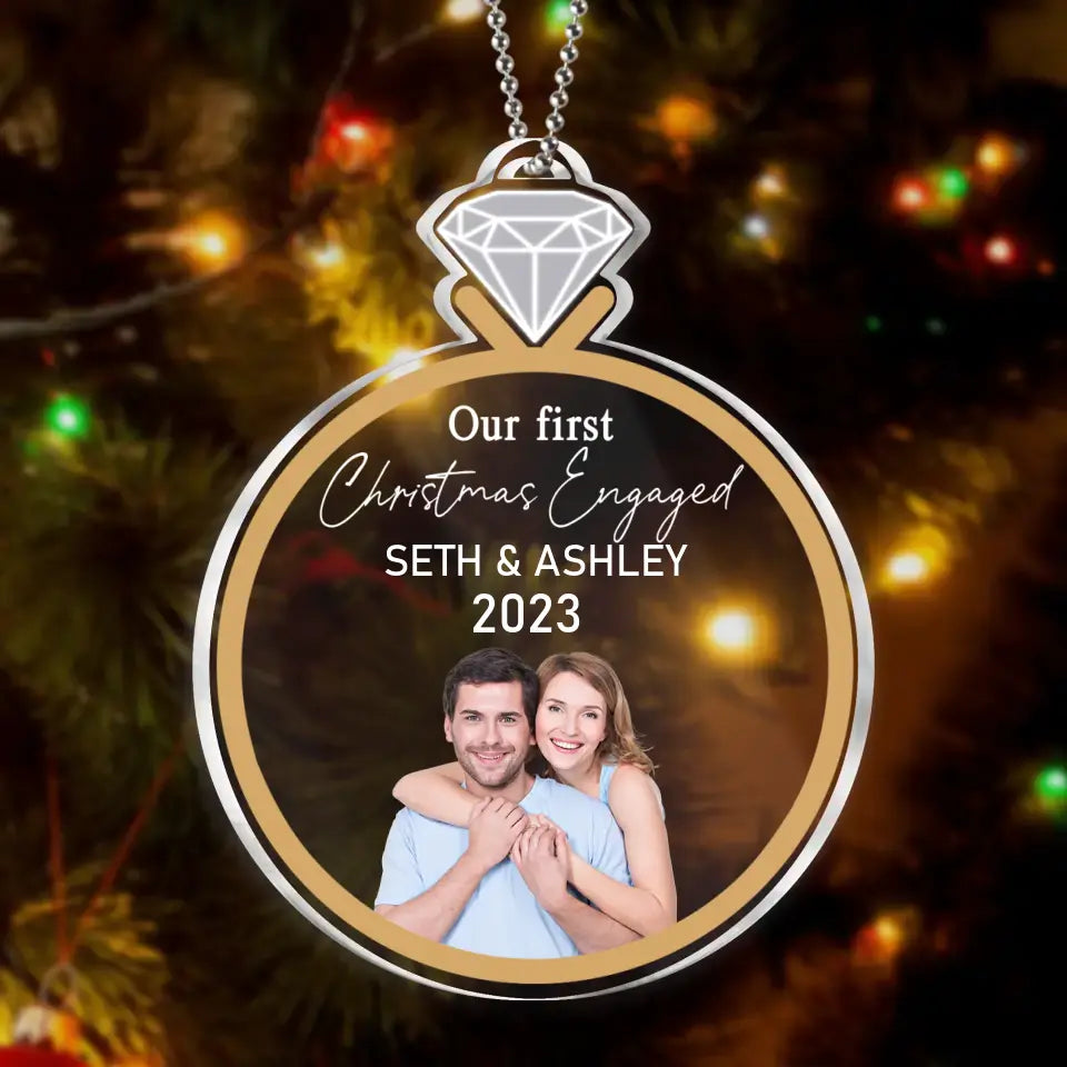 Personalized Engagement Acrylic Ornament - Upload Photo - Christmas Gift For Couple - Our First Christmas Engaged