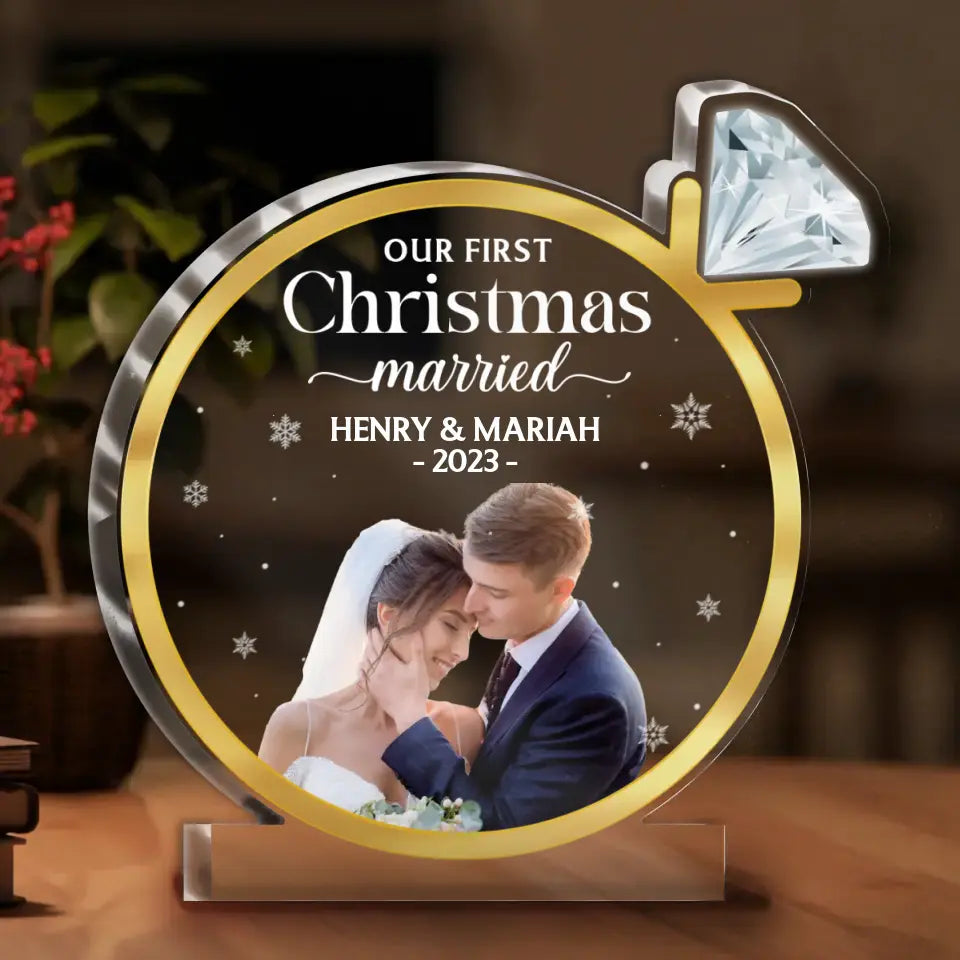 Personalized Couple Acrylic Plaque - Upload Photo - Anniversary/Wedding Gift For Couple - Our First Christmas Married