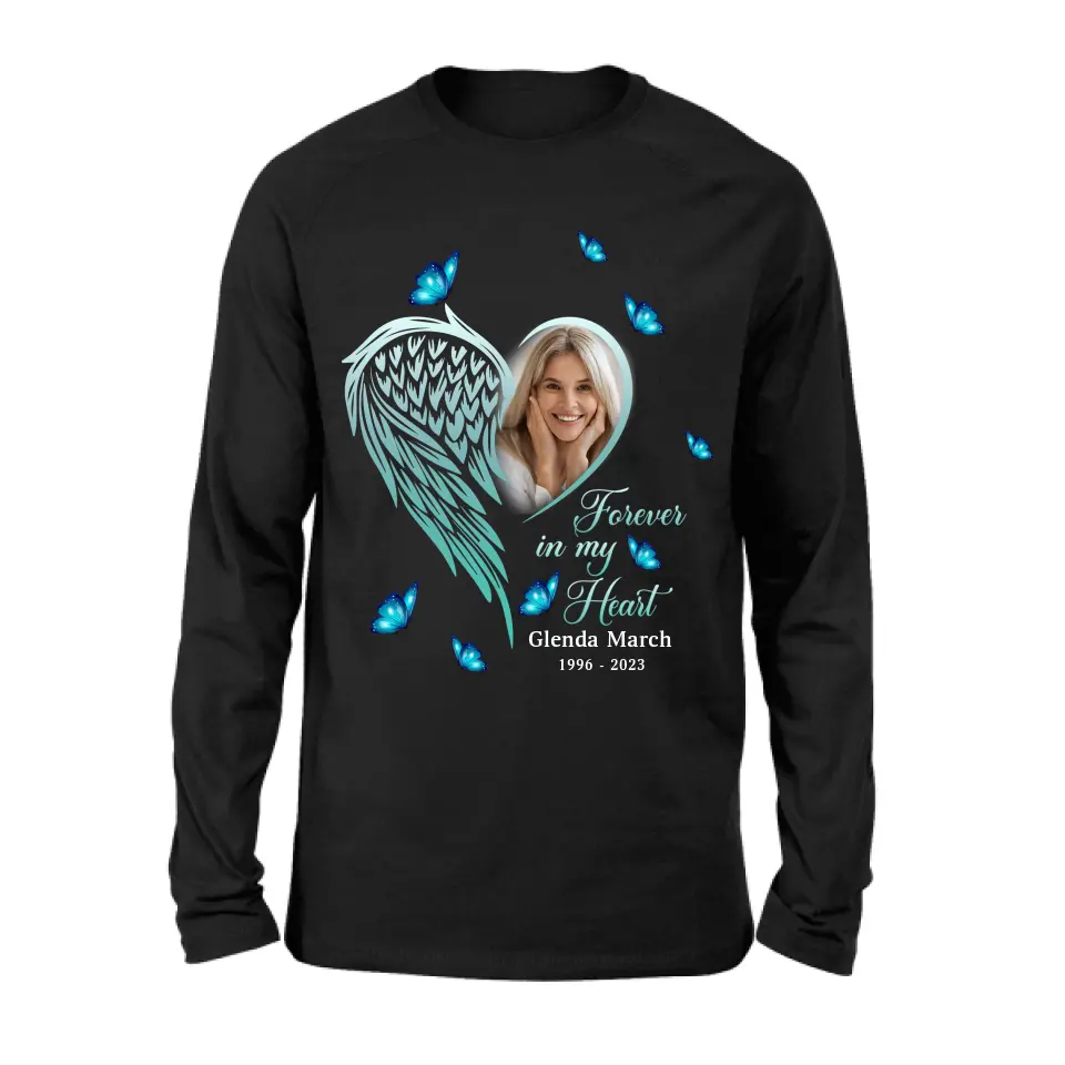 Personalized Memorial Wing Heart Shirt/Hoodie - Upload Photo - Memorial Gift Idea For Family - Forever In My Heart