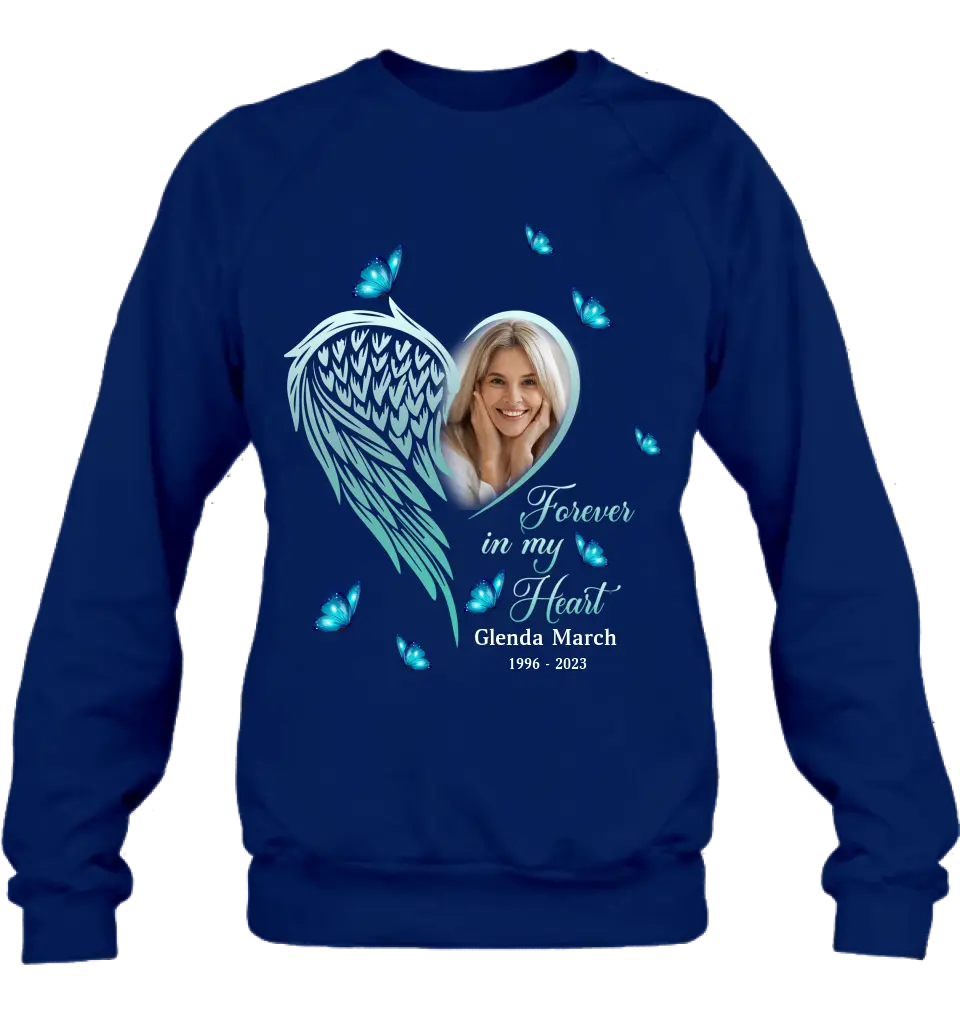 Personalized Memorial Wing Heart Shirt/Hoodie - Upload Photo - Memorial Gift Idea For Family - Forever In My Heart