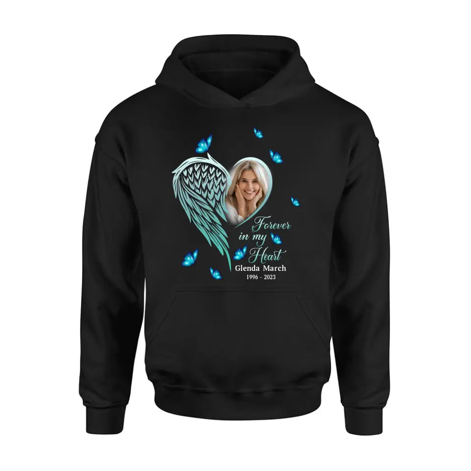 Personalized Memorial Wing Heart Shirt/Hoodie - Upload Photo - Memorial Gift Idea For Family - Forever In My Heart