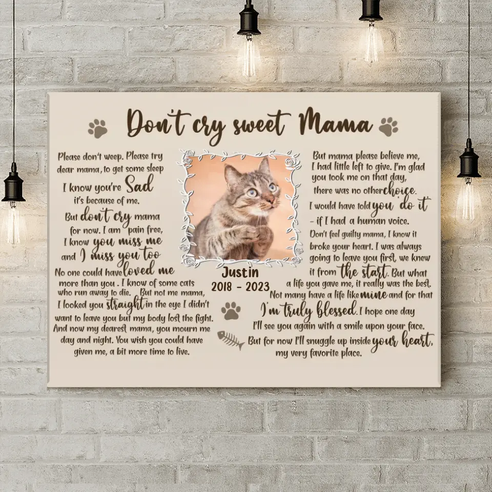 Personalized Cat Custom Photo Horizontal Canvas - Memorial Gift For Cat Mom - Don't Cry Sweet Mama